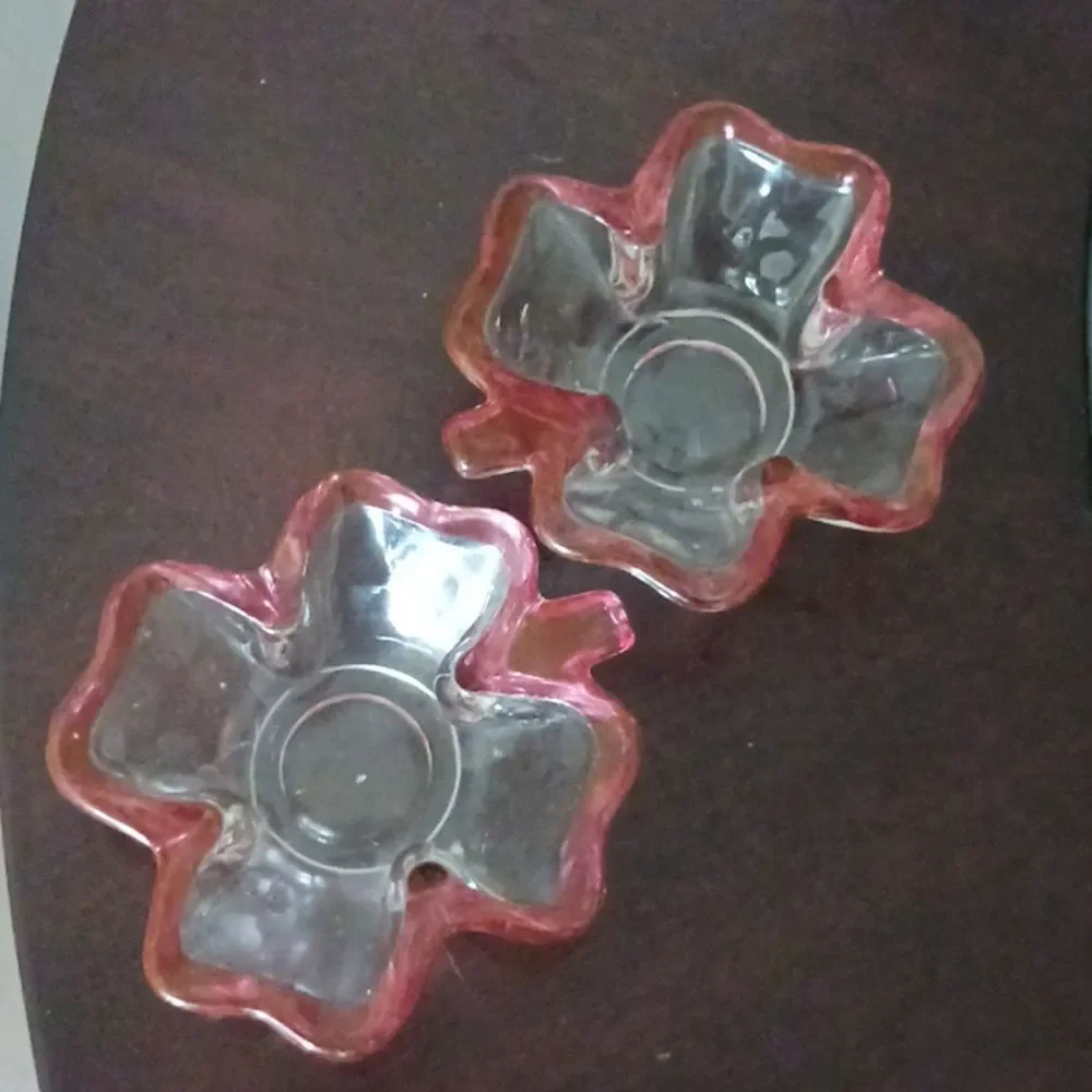 2 vintage irish 4 leaf clover pink rimmed clear glass dish candy🔥